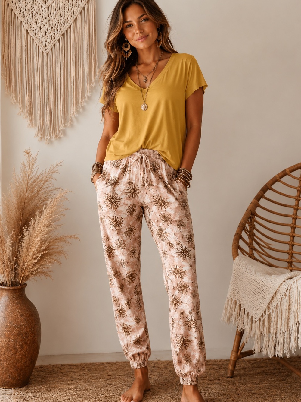 Brand New POL Tropical Floral Joggers + Zenana Boho Top Outfit Size Medium NEW